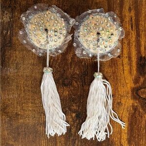 Handmade White and Silver Burlesque Pasties with Tassels & Spinners